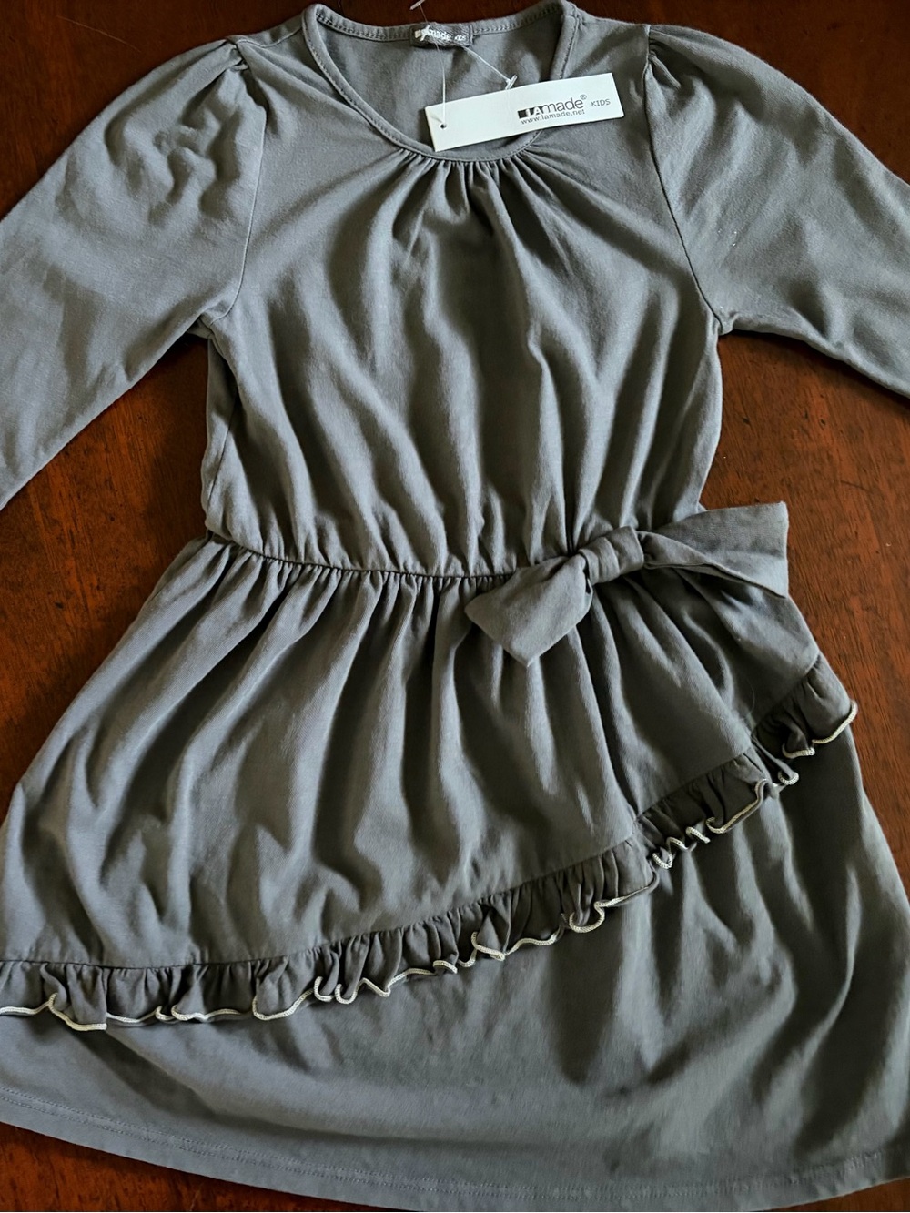 LA made Gray Long-Sleeve Ruffle Waist-Tie Dress